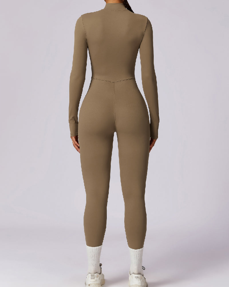 Einteiliger Athleisure Jumpsuit Lange Ärmel Frontreißverschluss Voll Bodysuit