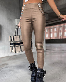 Sexy Leggings aus Dehnbarem Kunstleder mit Hoher Taille und Mehreren Knöpfen