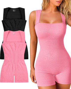 Gerippter Ärmelloser Yoga Rompers Tanktop Eckigem Ausschnitt Jumpsuit