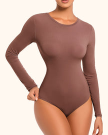 Damen Rundhals Doppellagig Lange Ärmel Basic Dehnbar Tanga Bodysuit