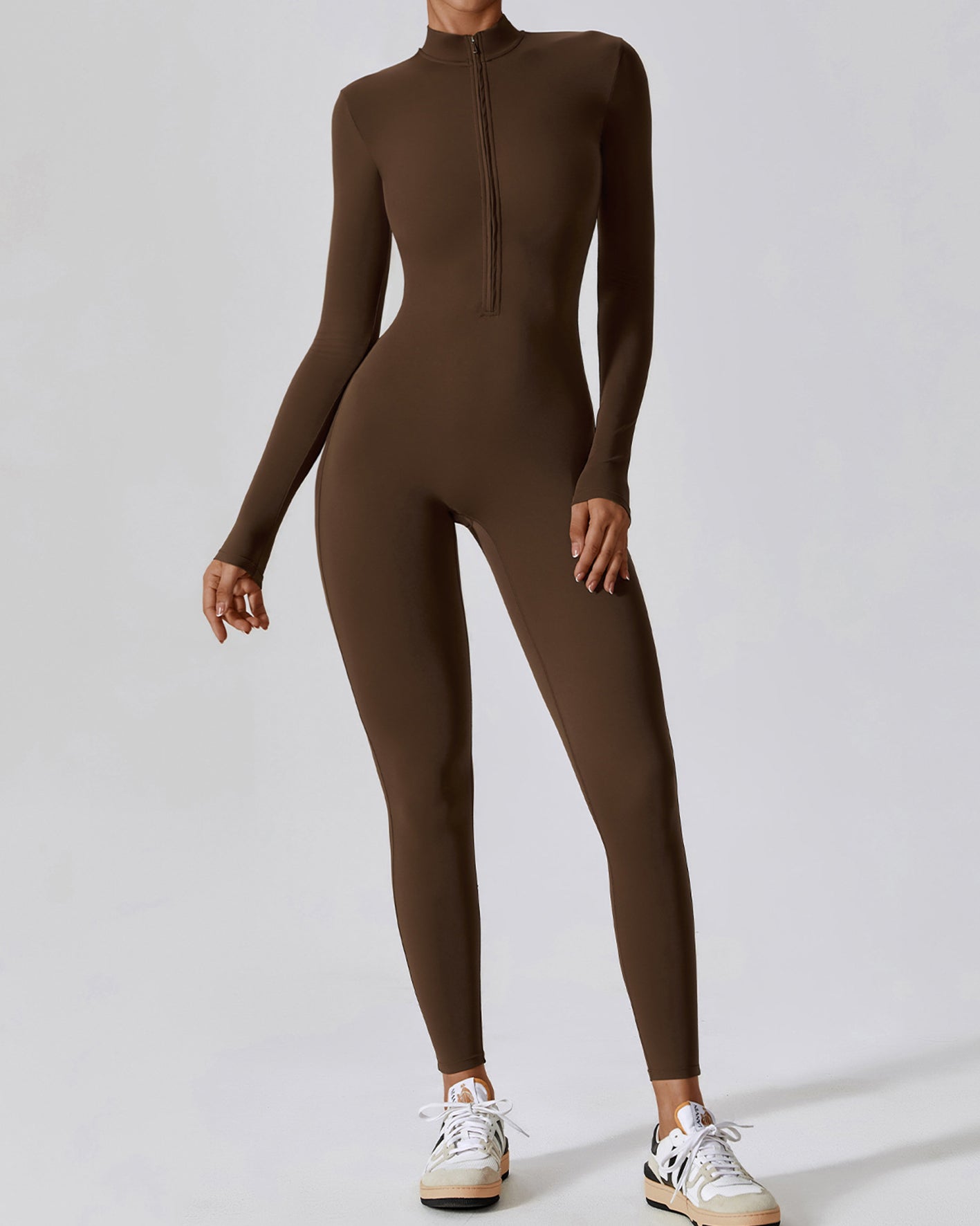 Einteiliger Athleisure Jumpsuit Lange Ärmel Frontreißverschluss Voll Bodysuit