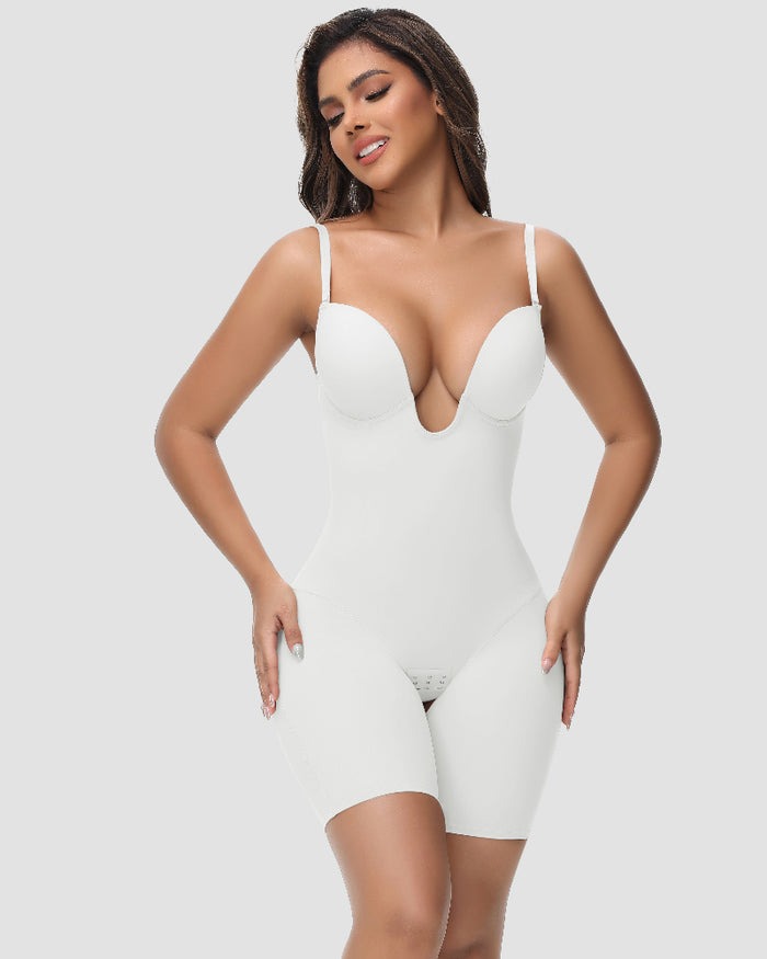 Damen U-Plunge Trägerlos Bodysuit Bauchkontrolle Integriertem BH Shapewear