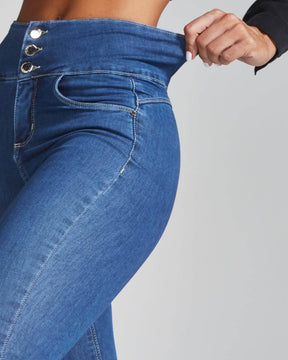 Slim-Fit Schlagjeans mit Hoher Taille und Mehreren Knöpfen