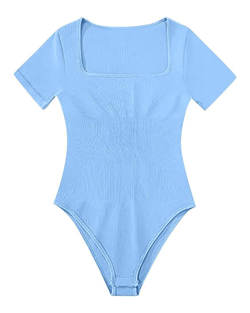 Damen Sexy Gerippter Eckigem Ausschnitt Kurzärmeliger Quadratischer Kragen Tanga Bauchweg Bodysuit