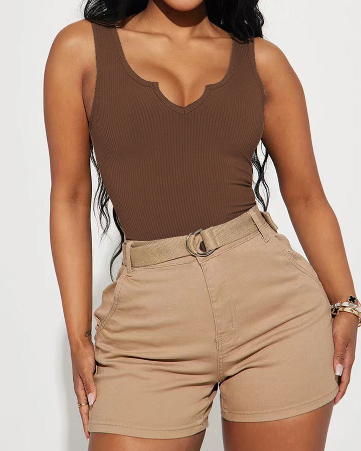 Einfarbiger Gekerbtem Ausschnitt Gerippter Ärmelloser Einteiler Bodysuit Shapewear