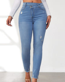 Elastische Skinny Jeans mit Hoher Taille und Schrägen Knöpfen