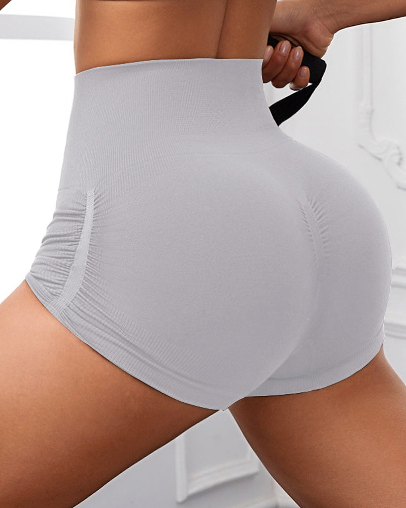 Seitlicher Kordelzug Hohe Taille Einfarbige Yoga Shorts mit Fäden