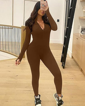 Einteiliger Athleisure Jumpsuit Lange Ärmel Frontreißverschluss Voll Bodysuit