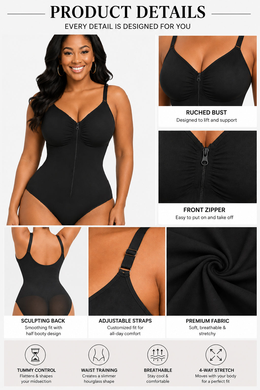 Shapshe® Front Zipper Tummy Control Thong Shapewear Bodysuit, image 3