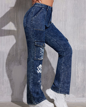 Retro Hot Girl Street Style Lockere Gerade Cargo Jeans mit Print