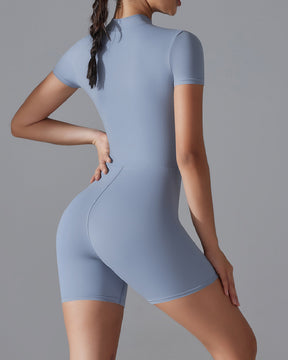 Damen Stehkragen Shorts Jumpsuit Reißverschluss Vorne Kurzärmelig Stretch Sports Strampler