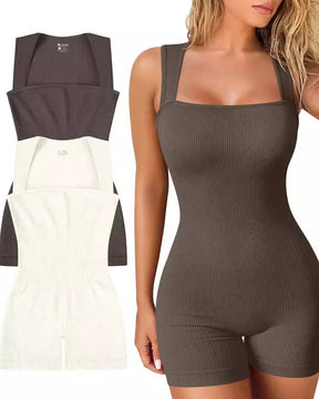 Gerippter Ärmelloser Yoga Rompers Tanktop Eckigem Ausschnitt Jumpsuit