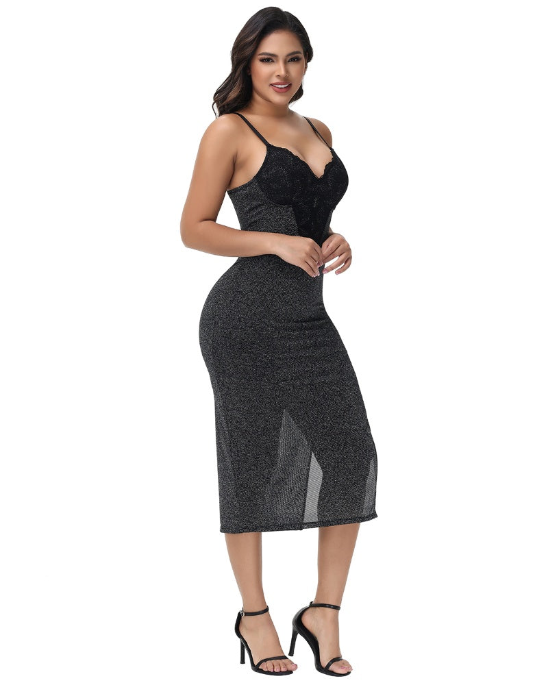 Shapshe® Sexy Spitzen V-Ausschnitt Metallic Funkelnder Schlitz Cami Midi Bodycon Kleid