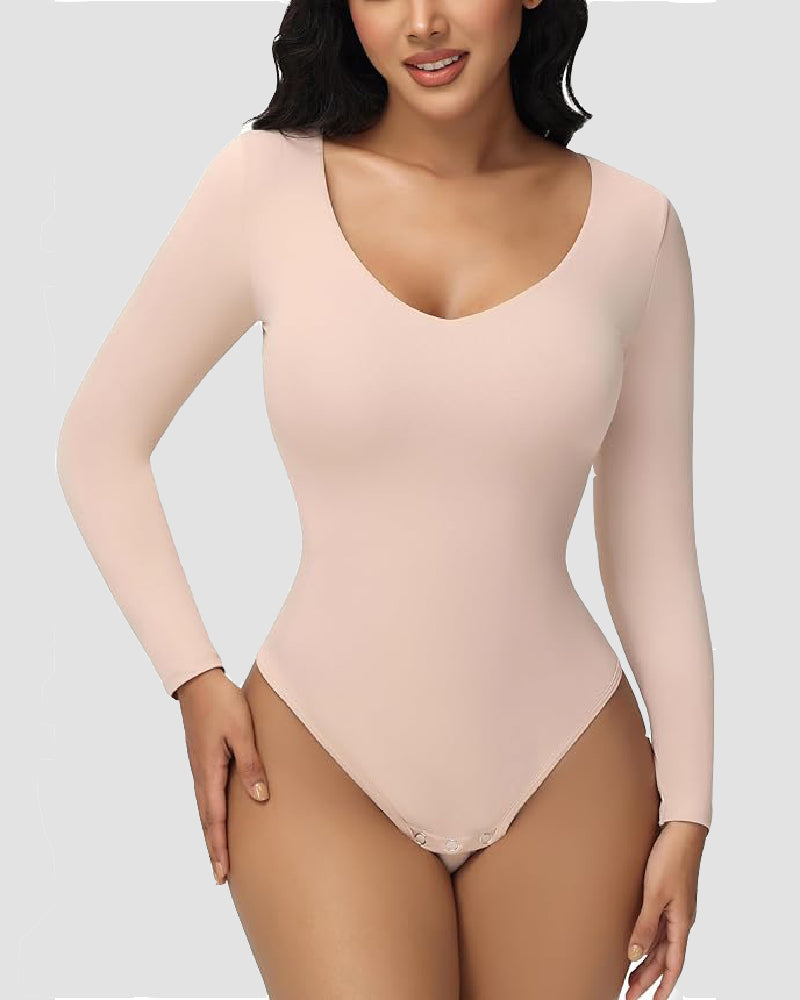 Damen Langen Ärmeln Nahtlos Bodysuit V-Ausschnitt Bauchweg Tanga Shapewear