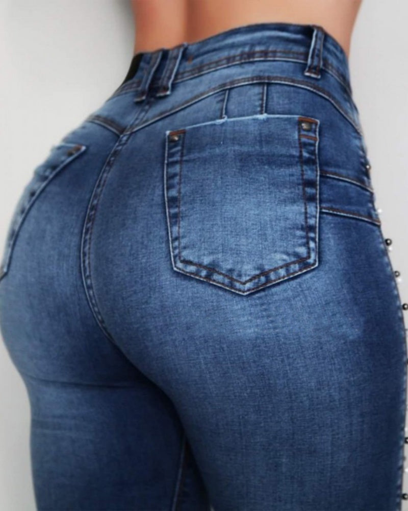 Hoch Taillierte mit Diamanten Besetzte Perlenbesetzte Hip Lift-Jeans mit Hoher Elastizität