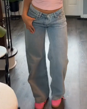 Lässige Verwaschene Jeans mit Weitem Bein und Bestickter Schleifentasche Passend zu Allen Outfits (Vorverkauf)