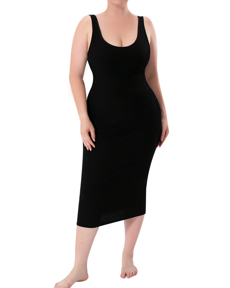 Damen Ärmelloses Tank Midi Shapewear Kleid Doppellagig Bauchweg Bodysuit Kleid