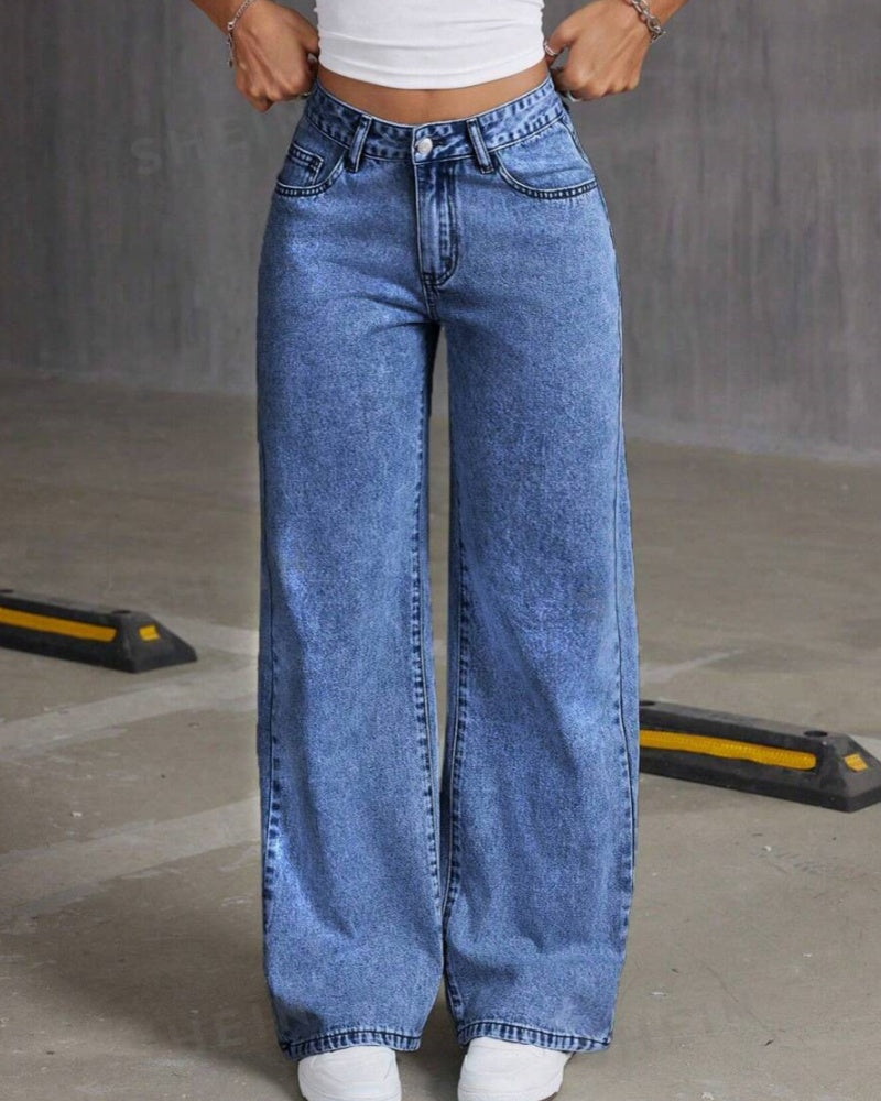 Lässige Verwaschene Jeans mit Weitem Bein und Bestickter Schleifentasche Passend zu Allen Outfits (Vorverkauf)