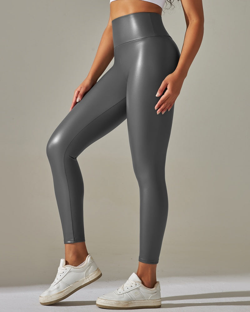 Hohe Taille Enge Sexy PU-Lederhose Bunte Yogahose für Damen