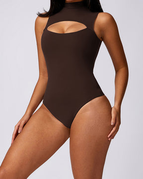 Hochkragen Hohlbrust Tanga Druckknopf Schritt Ärmelloses Glattes Bodysuit Shapewear