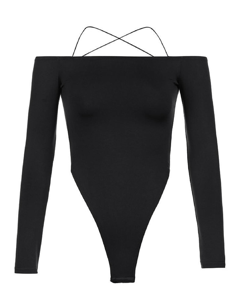 Damen Sexy Schulterfreier Riemchenrücken Langen Ärmeln Tanga Bodysuit