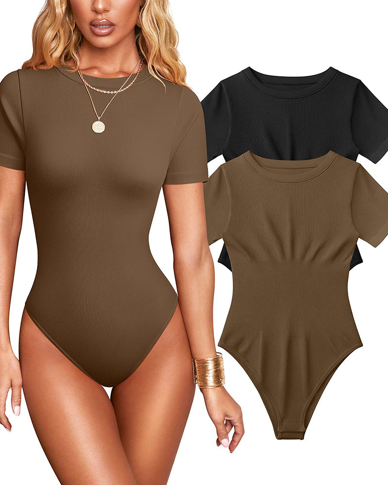 Damen Sexy Gerippter Eckigem Ausschnitt Kurzärmeliger Tanga Bauchweg Bodysuit