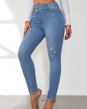 Elastische Skinny Jeans mit Hoher Taille und Schrägen Knöpfen