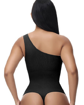 Sexy Geripptes Ein-Schulter Ärmelloses Tanktop Enger Stretch Bodysuit