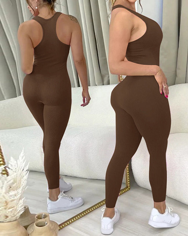 Ärmellose Einfarbige Racerback Overalls Jumpsuit Schlank Passform Reißverschluss Bodysuit