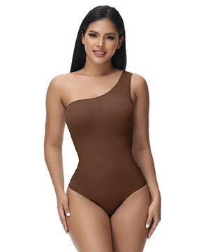 Sexy Geripptes Ein-Schulter Ärmelloses Tanktop Enger Stretch Bodysuit