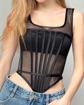 Sexy Mesh Stäbchen Korsett Weste Schnürung Rücken Bustier Cropped Top