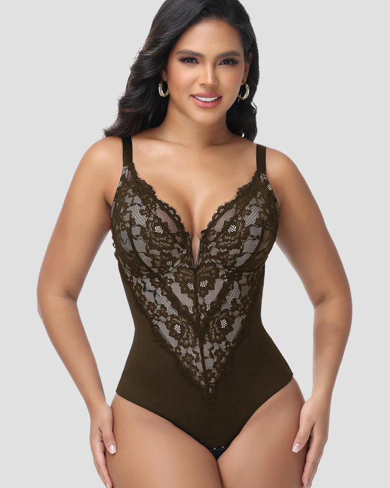 Shapshe® Shapewear Bodysuit Spitze Tiefem V Ausschnitt Bauchkontrolle
