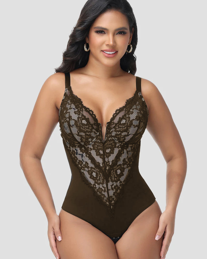 Shapshe® Shapewear Bodysuit Spitze Tiefem V Ausschnitt Bauchkontrolle