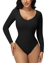 Damen Langen Ärmeln Nahtlos Bodysuit V-Ausschnitt Bauchweg Tanga Shapewear