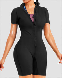 Damen Ganzkörper Stehkragen Saunaanzug Reißverschluss Kurzarm Schweiß Workout Jumpsuit