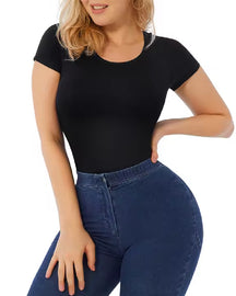 Nahtloser Schlankmachender Kurzärmlig Tanga Rundhalsausschnitt Bodysuit Für Damen