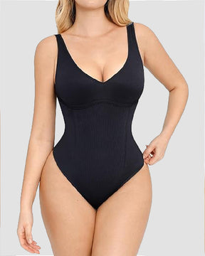 Damen Gerippter Bauchweg Bodysuits Naht Körbchen V-Ausschnitt Tanga Shapewear