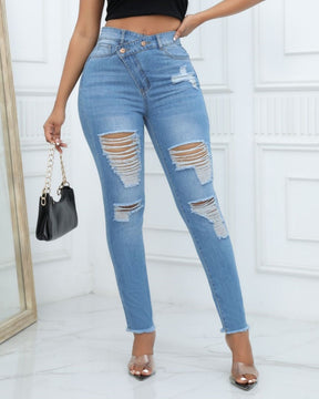 Damen Skinny Jeans mit Hoher Taille und Schräger Schnalle