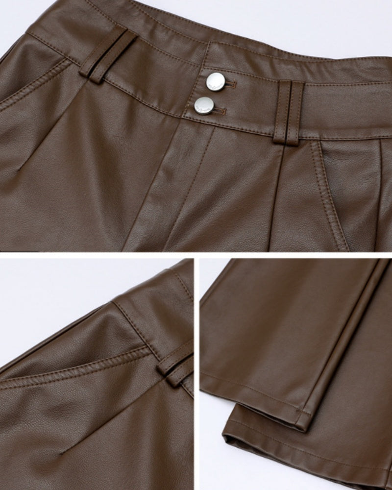 NeueVielseitige Lederhose mit Hoher Taille und Schmaler Passform und Weitem Bein für Damen