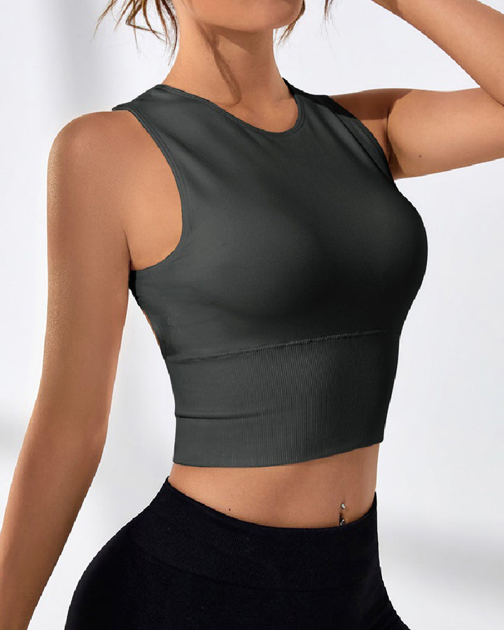 Damen Einfarbig Offener Rücken Geripptes Basic Elastisches Yoga Sport Tank Top