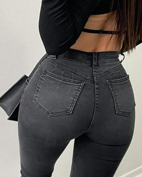 Hoch Taillierte Damen Slim Stretch Jeans mit Schnürung