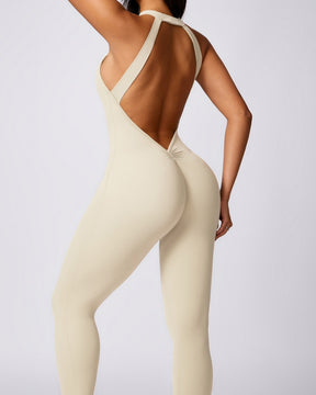 Pfirsichfarbener Hüfthebender und Schöner Schnelltrocknender Yoga Jumpsuit mit Rücken