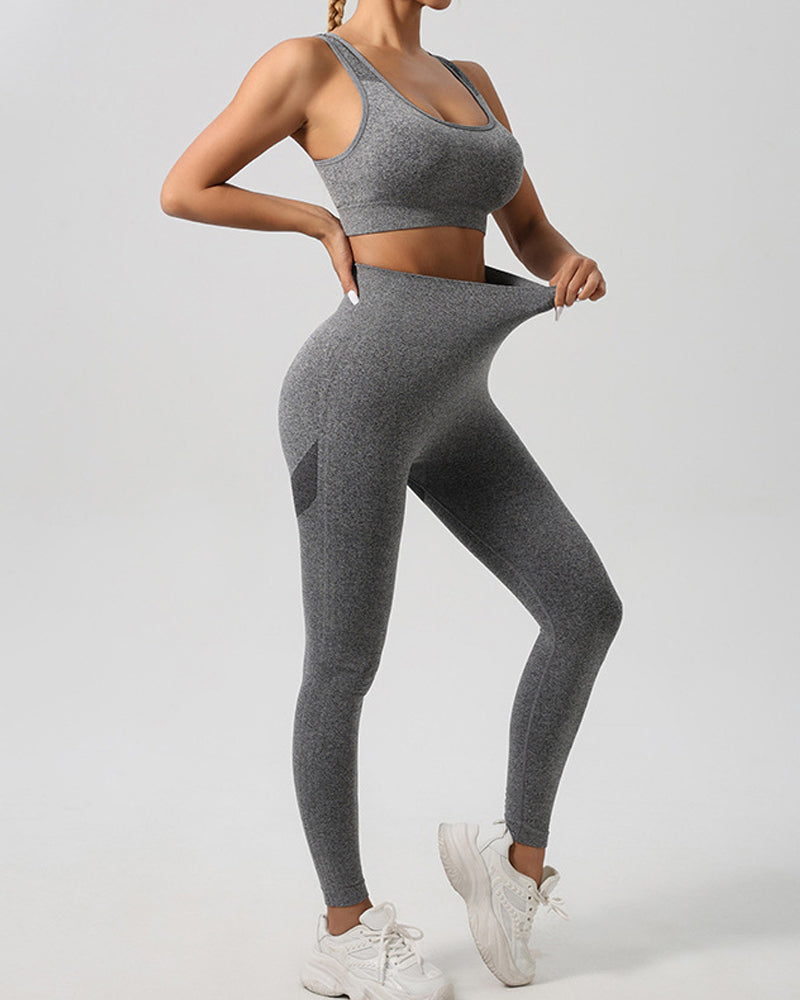 Damen Nahtloses Yoga Set Hohe Taille Leggings U-Ausschnitt Hohlkreuz Sport BH Set