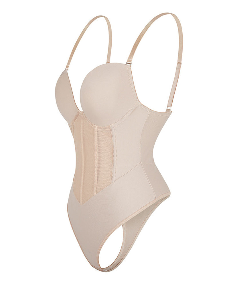 Sexy Mesh Shapewear Korsett Rückenfreier Tanga Bodysuit Mit Integriertem BH