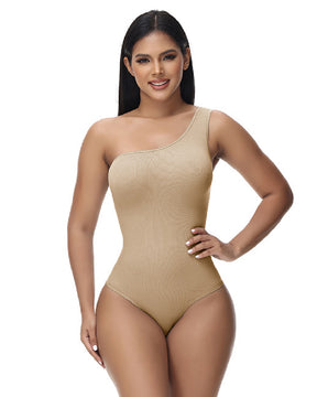 Sexy Geripptes Ein-Schulter Ärmelloses Tanktop Enger Stretch Bodysuit