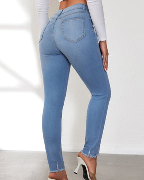 Elastische Skinny Jeans mit Hoher Taille und Schrägen Knöpfen