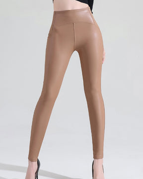 PU-Lederhose Dünne Leggings aus Samt Hohe Taille Strumpfhose mit Hüftlift