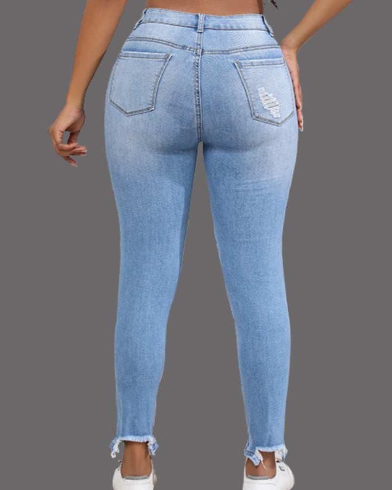 Verwaschene Zerrissene Schmale Hoch Taillierte Elastische Retro-Skinny-Jeans für Damen