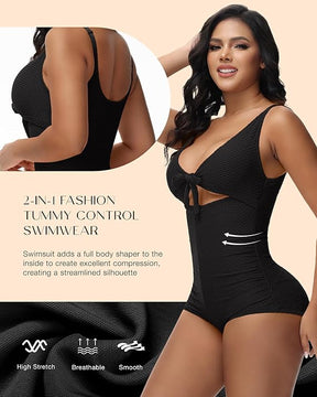 Damen Bauchweg Badeanzug Cut-Out Knoten Vorne Push Up Eingebauter Shapewear Badeanzug