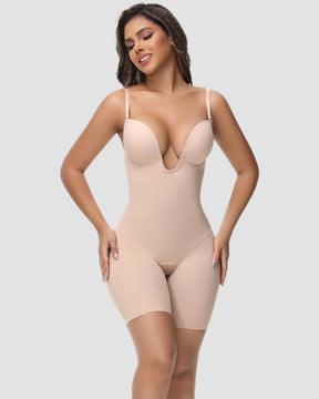 Damen U-Plunge Trägerlos Bodysuit Bauchkontrolle Integriertem BH Shapewear